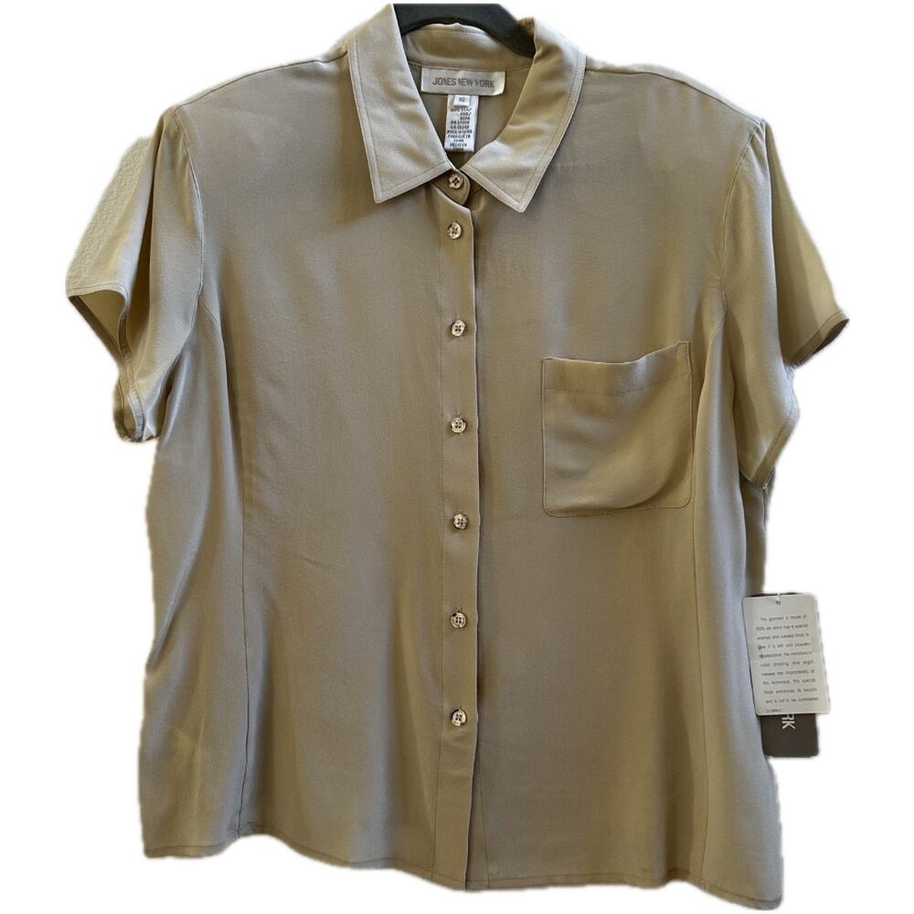 Jones New York 100% Silk Beige Button Front Blouse Size 16 NWT